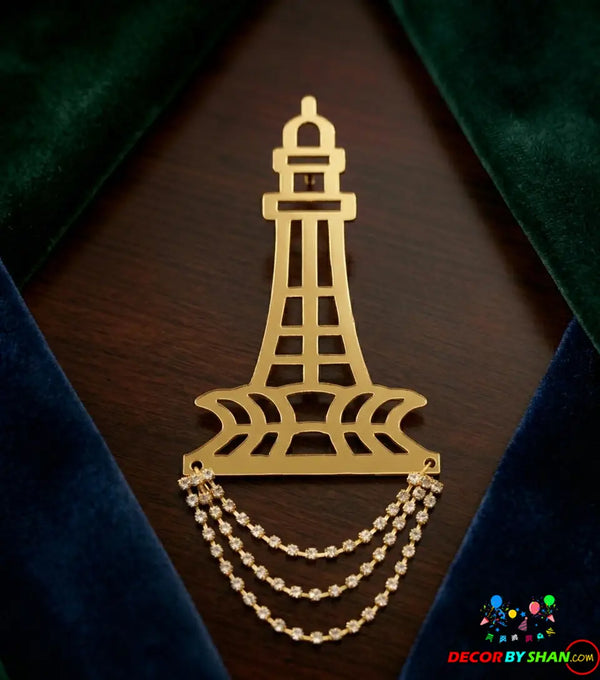 Premium Minar-e-Pakistan Golden Brooch with Chain Tassels – Independence Day Special