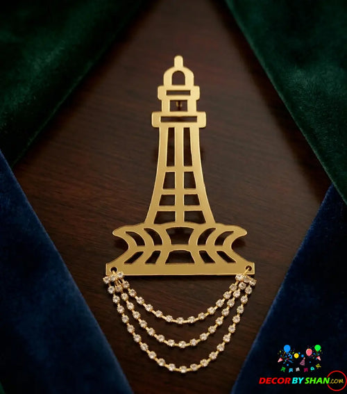 Premium Minar-e-Pakistan Golden Brooch with Chain Tassels – Independence Day Special