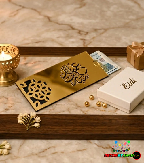 Royal Golden Acrylic Eidi Envelope – Premium Mirror Finish Laser-Cut Gift Box (Single Piece) | Free Home Delivery